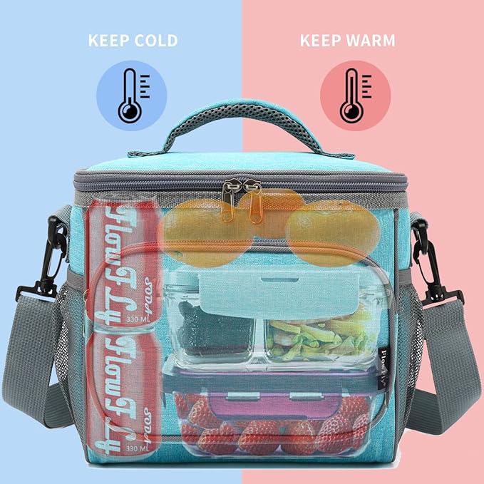 FlowFly Insulated Reusable Lunch Bag Adult Large Lunch Box for Women and Men with Adjustable Shoulder Strap,Front Zipper Pocket and Dual Large Mesh Side Pockets,SeaBlue-NeatNest