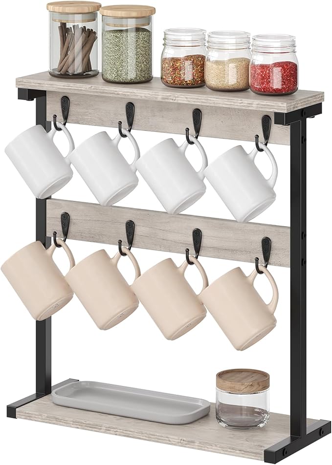 Coffee Mug Holder for Counter, 2 Tier Mug Tree Rack, with 8 Hook and 2 Open Shelves, Vintage Mug Holder Stand for Home Kitchen, Greige MH43BG-NeatNest