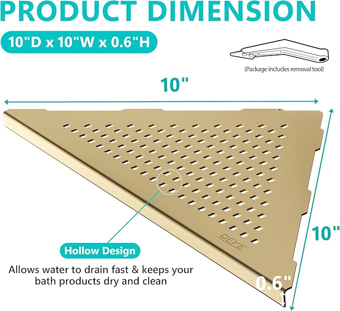 Corner Shower Shelves, 10” Recessed Tile Shower Shelf Brushed Golden, 304 Stainless Steel Grout in Corner Tile Shower Shelves, No Drilling, 2 Pack-NeatNest