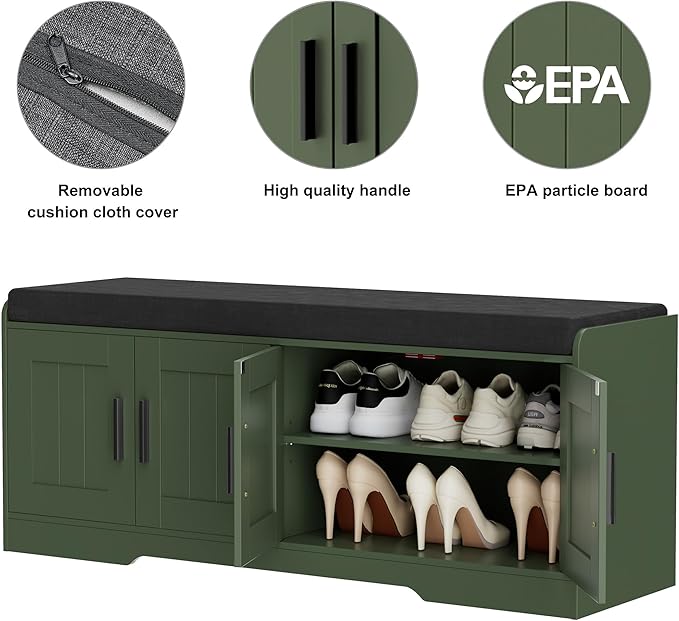 2-Tier Storage Bench, Shoe Bench with Thickened Padded Seat Cushion, Entryway Bench with 4 Doors, Adjustable Shelf, 13.8" D x 45.3" W x 18.5" H, for Entryway, Living Room, Bedroom, Green