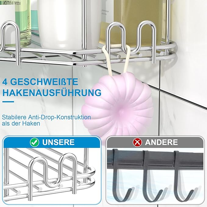 STEUGO Corner Shower Caddy, 3 Pack Adhesive Shower Corner Organizer Shelves, No Drilling Stainless Steel Shower Storage Rack with 12 Hooks for Bathroom, Dorm and Kitchen(Silver).