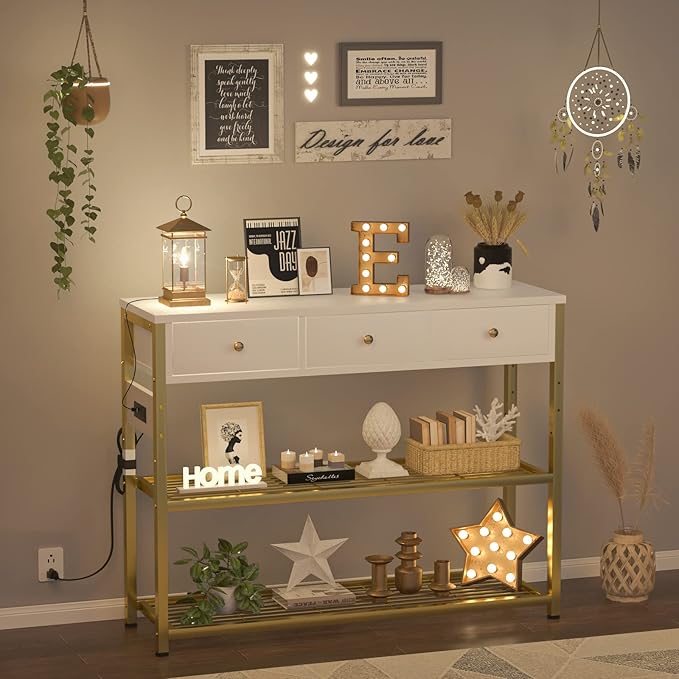 Ecoprsio 47'' Entryway Table with Outlets and USB Ports, Console Table with 3 Drawers, Sofa Table Narrow Long with Storage Shelves for Living Room, Couch, Hallway, Foyer, White and Golden-NeatNest