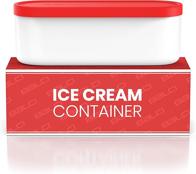 BALCI - Ice Cream Container - 2 Quart - Perfect Reusable Freezer Storage for Homemade Ice Cream Tubs for Sorbet, Frozen Yogurt and Gelato! - Flexible Silicone Lids, Long Scoop, Stackable - Red