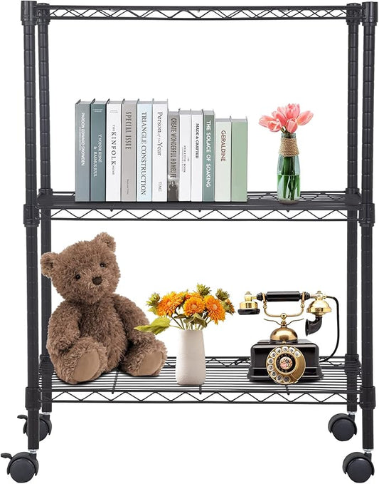 BestOffice 3-Tier Adjustable Wire Shelving Storage Shelves Heavy Duty Shelving Unit with Wheels for Small Places Kitchen Garage Balcony,Black-NeatNest