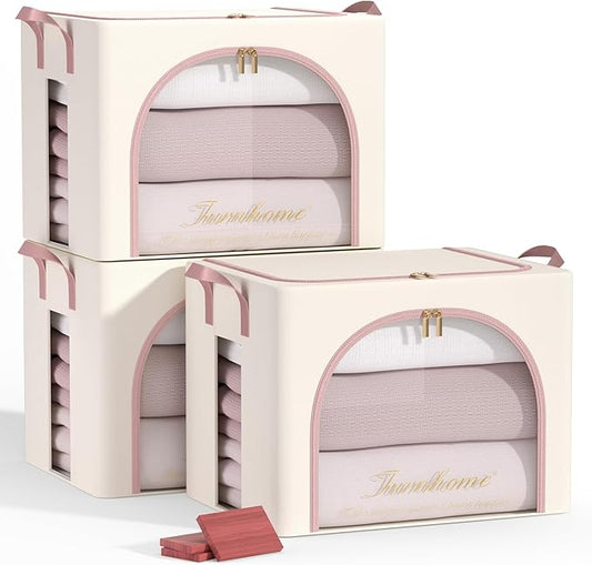 Furnhome 3 pack Clothes Storage Bins with metal Frame, sweater storage for closet, Stackable Storage bins for clothes, Foldable Clothing Storage bins with Cedar Blocks& Windows&Zippers|36L-Off White