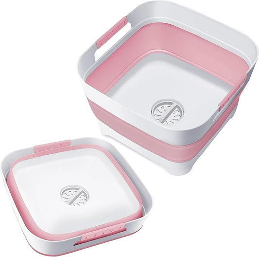 2.4 Gal Collapsible Wash Basin with Drain Plug, Space-Saving Portable Wash Tub, 9L Dish Pan for Soaking Baby Bottles and Pump Parts, Versatile Dish tub for Kitchen, RV, Outdoor Camping Sink (Pink)-NeatNest