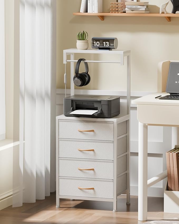 Furnulem Nightstand, White Tall Night Stand with Charging Station and LED Lights, Bedside Table for Bedroom, Office, Hallway, 4 Fabric Drawers, Metal Frame, Wood Shelves