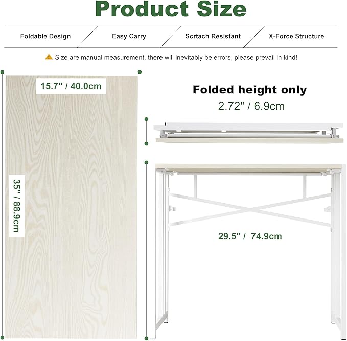 35 inch Small Folding Desk, Writing Gaming Computer Camping Desk for Small Spaces, No Assembly Required Home Office Table, Natural and White-NeatNest