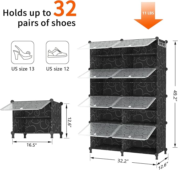 AWTATOS Shoe Rack, 8 Tier Shoe Storage Cabinet with Door, 32 Pair Shoe Organizer Shelves for Closet Hallway Bedroom Entryway, Black-NeatNest