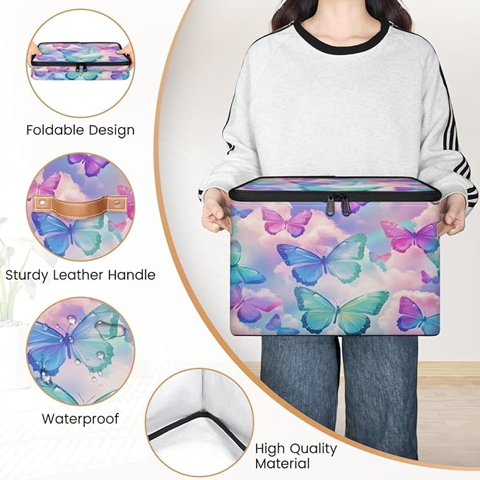 Colorful Butterfly Storage Bins with Zipper Lid, Watercolor Animals Lidded Storage Baskets Boxes Foldable Organizer with Leather Handles for Clothes Closet Shelf Toys-NeatNest