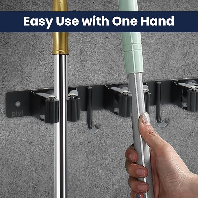 Piyl Mop and Broom Holder Wall Mount - 5 Racks and 4 Hooks Broom Hanger Mop Organizer Storage Tool Racks Stainless Steel Heavy Duty Utility Hooks for Home Kitchen Garden Laundry Garage Closet-NeatNest