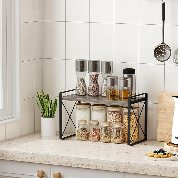 Giikin Kitchen Countertop Organizer, Wood Desk Shelf Riser, Gray Spice Rack for Kitchen Counter, Countertop, Cabinet (15.7 Inches, Gray)-NeatNest