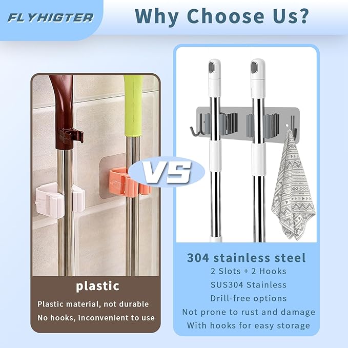 Broom and Mop Holder Wall Mounted, Heavy-Duty Stainless Steel Storage Rack with 2 Racks & 2 Hooks,Broom Organizer for Kitchen,Bathroom,Garage,Garden（SILVER