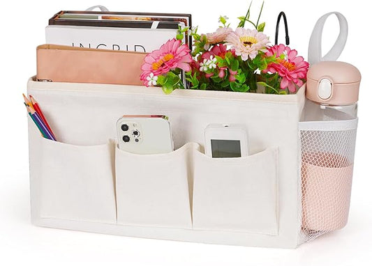 Bedside Caddy Bedside Organizer Bedside Storage Caddy with Fixed Straps and Water Bottle Holder for Home College Dorm Bunk Bed Hospital Bed Crib Bed Rails (White)-NeatNest