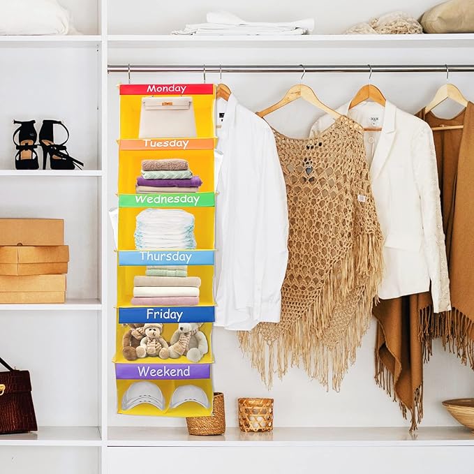 6-Shelf Weekly Closet Hanging Organizer for Kids, 7-Grid Days of The Week Baby Kids Clothing Organize Monday Through Sunday, Foldable Oxford Cloth Closet Clothes Organize Weekday (Yellow)-NeatNest