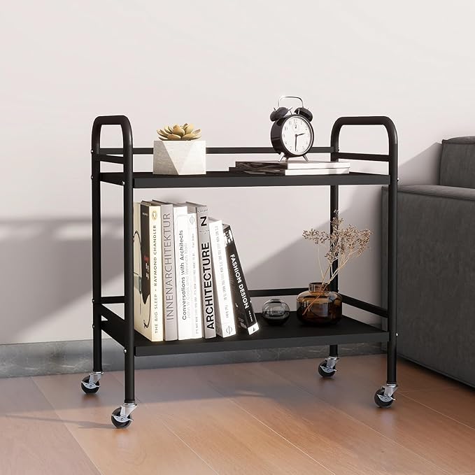 HDANI 2 Tier Under Desk Printer Stand with Storage,Microwave Storage Rack,Metal Rolling Printer Cart with Wheels for Home Office,Utility Storage Cart and Stand,Black