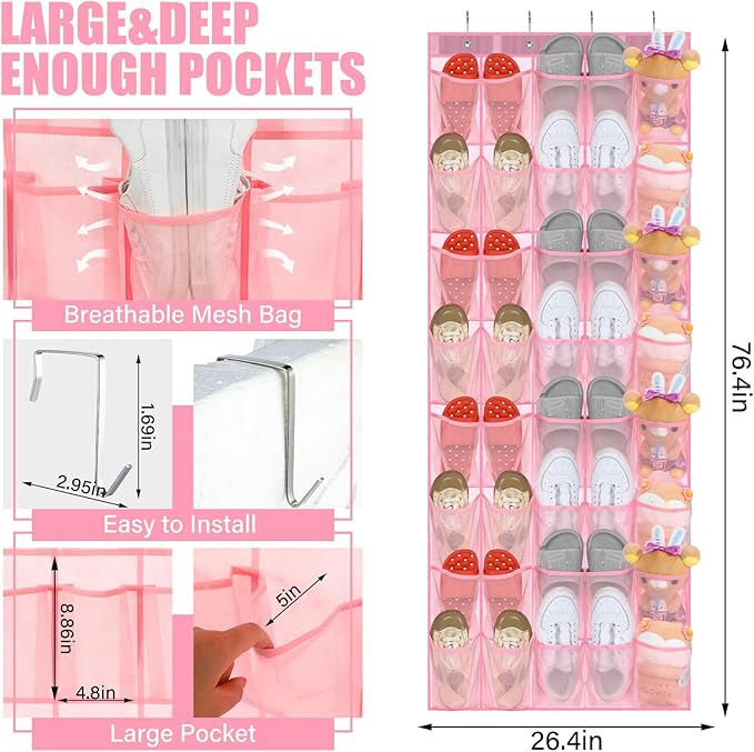 Windyun 40 Over the Door Shoe Organizer Pink Large Mesh Pocket Hanging Shoe Rack for Closet Nonslip Behind Door Storage Holder Back to School Organizer for Dorm Room College Classroom Storage Women-NeatNest
