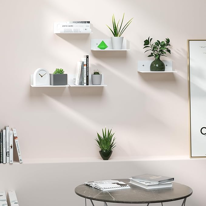 Hexsohoma 9 Inches White Floating Shelves, Acrylic Wall Shelves for Living Room, Bedroom, Bathroom, Kitchen, Office, Brand Store, Retails, Gaming Room, 4 Pack-NeatNest