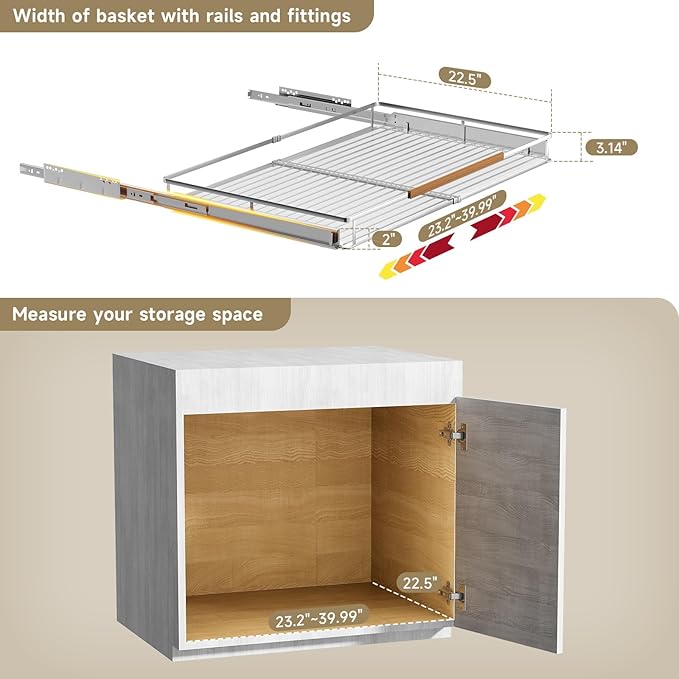 1 Pack Expandable Pull Out Cabinet Organizer，Side Mounting 23.2~39.99"x22.5"Cabinet Pull Out Shelves, Expandable Slide Out Spice Rack for Kitchen Bathroom Office-NeatNest