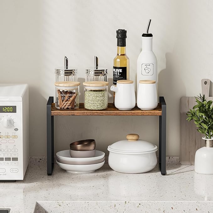 Giikin Countertop Shelf Organizer, Cupboard Stand Spice Rack, Retro Style Cabinet Shelf for Pantry, Kitchen, Bathroom, Reading Room, Bedroom to Save Space (7.8" D x 15.7" W x 9.4" H, Rustic Brown)-NeatNest