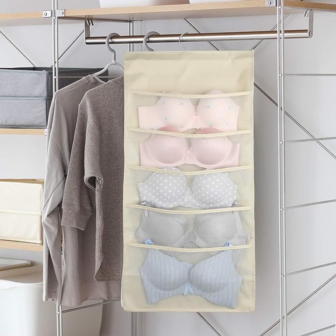 Enlarged Closet Hanging Bra Organizer with Rotating Metal Hanger, Dual Sided Wall Shelf Wardrobe Mesh Pockets Hanging Storage Bag for Bra Socks Underwear Underpants-NeatNest