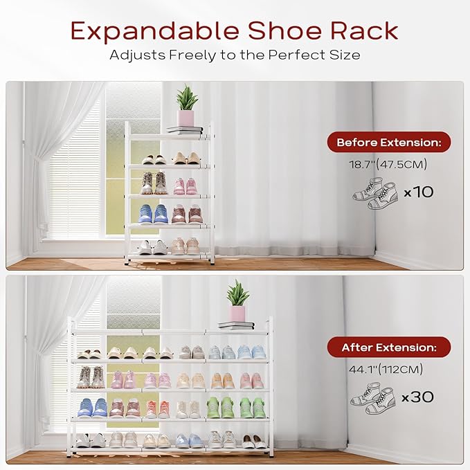 Bumusty 5-Tier Long Expandable Shoe Rack for Closet, 18"-44" Adjustable Shoe Rack for Entryway, 25-30 Pairs Large Shoe Organizer Shelf Storage, Sturdy Metal, White-NeatNest