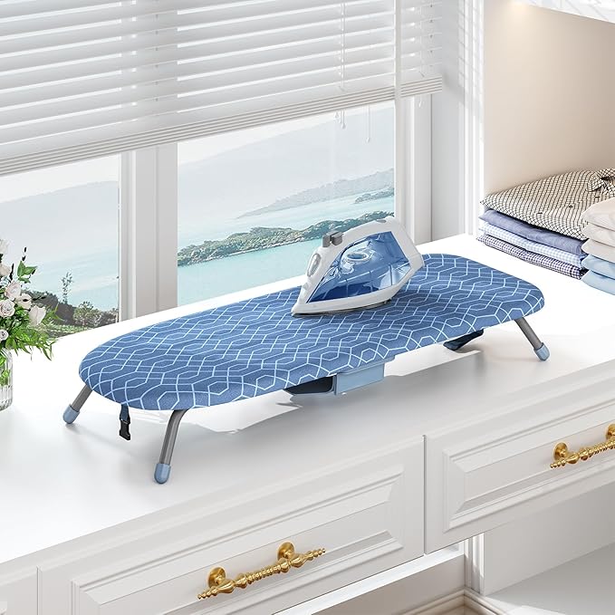 Kingboard Small Ironing Board with Iron Holder, Tabletop Iron Board with 2 Heat Resistant Covers, Portable Table top Ironing Board with Non-Slip Feet for Home Travel, 12 * 32 Blue