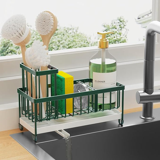 Cisily Sponge Holder for Kitchen Sink, Sink Caddy Organizer with High Brush Holder, Countertop Organizers and Storage Rustproof 304 Stainless Steel, Dark Green Kitchen Decor and Accessories-NeatNest