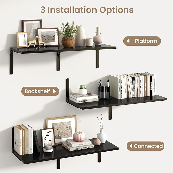 Fun Memories Floating Shelves for Wall, 12 Inch Deep Floating Shelves Set of 2, Wall Mounted Shelf with Metal Brackets, Rustic Wood Wide Shelf for Bathroom, Kitchen and Living Room, Black, 36W x 12D-NeatNest