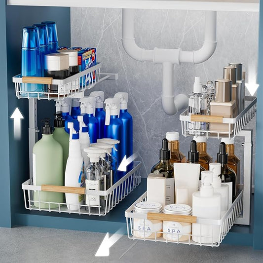 2 Pack Under Sink Organizers and Storage, Height Adjustable Cabinet Organizer Pull Out Drawer, 2 Tier Metal Under Kitchen Bathroom Sink Organizer, White, VF-JT01-WH-NeatNest