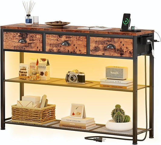 Furologee Console Table with Charging Station & 3 Fabric Drawers, 38'' Entryway Table with Storage Shelves and LED Light for Entry Way, Industrial Display Shelf for Hallway, Foyer, Rustic Brown-NeatNest