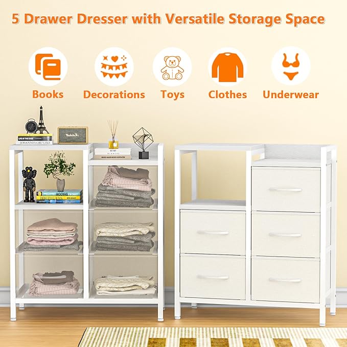 Furnulem 5 Drawer White Dressers for Bedroom 2 Tier Shelf Storage Small Fabric Dresser for Closet Sturdy Metal Frame Modern Style Storage Cabinets Organization Units for Hallway Rooms-NeatNest