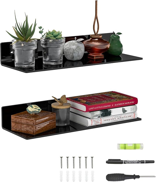 15 Inches Acrylic Wall Shelves 2 Pack, Floating Shelf for Wall Mounting, Acrylic Display Ledges for Funko Pop Figures, Home Décor, Living Room, Gaming Room, Plants(15 inch, Black)-NeatNest