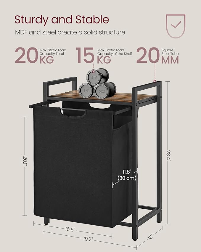 VASAGLE Laundry Hamper, Laundry Basket, Laundry Sorter with A Pull-Out and Removable Bag, Shelf, Metal Frame, 17.2 Gallons (65 L), 19.7 x 13 x 28.4 Inches, Black and Rustic Brown UBLH101B01-NeatNest
