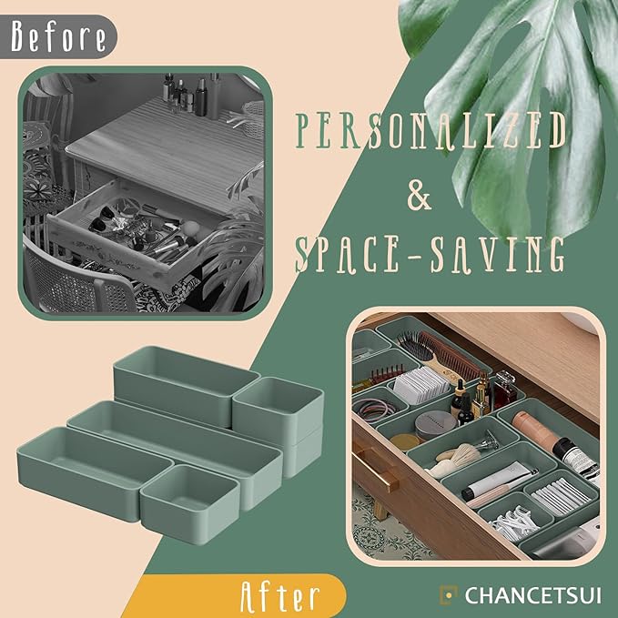 CHANCETSUI 6 PCS Stackable Drawer Organizers Set, Versatile Desk and Vanity Drawer Organizer Trays, Storage Bins for Makeup, Bathroom, Bedroom, Kitchen and Office, Green-NeatNest