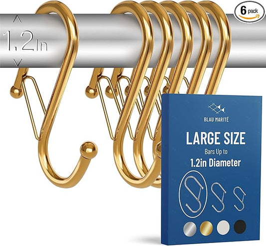 6-Pack Metal S Hooks for Hanging – Heavy-Duty S-Shaped Hook with Safety Buckle – Fits Bars up to 1.2 in – Anti-Drop S-Hooks for Closet, Wardrobes & Storage – Golden (Large)-NeatNest