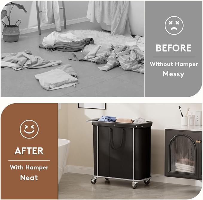 Lifewit 200L Large Laundry Basket with Wheels, Tall 3 Section Laundry Hamper Organizer, Rolling Laundry Cart with Steel Frame & Removable Bag for Luandry Room Bathroom Bedroom, Black