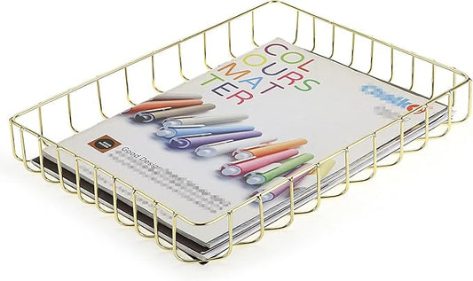 BTSKY Multipurpose A4 File Tray Wire Desk Tray Organizer Elegant Letter Size Desk Documents Tray Magazine Files Storage Basket Organizer Bin for Office Cosmetics Bathroom(Gold)