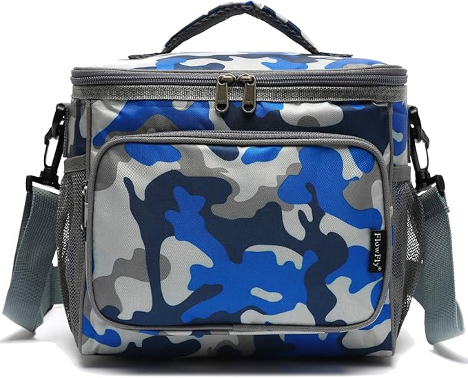 FlowFly Insulated Reusable Lunch Bag Adult Large Lunch Box for Women and Men with Adjustable Shoulder Strap,Front Zipper Pocket and Dual Large Mesh Side Pockets,BlueCamo-NeatNest