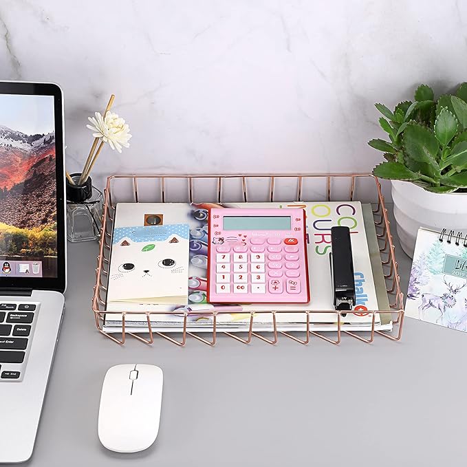 BTSKY Multipurpose A4 File Tray Wire Desk Tray Organizer Elegant Letter Size Desk Documents Trays Magazine Files Storage Basket Organizer Bin for Office Cosmetics Bathroom(Rose Gold)
