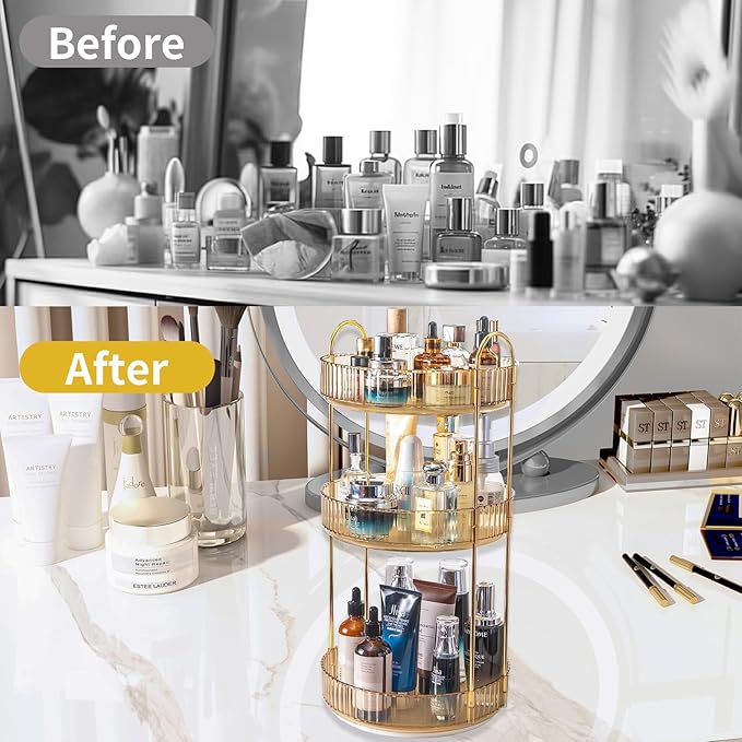 360 Rotating Makeup Organizer for Vanity,3 Tier Large Capacity Vanity Storage,Skincare Perfume Spinning Organizer,Bathroom Cosmetics Storage Makeup Stand Organizer (Gold-3 Tier)-NeatNest