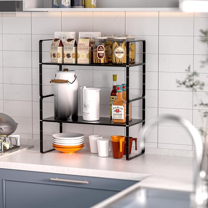 Expandable Kitchen Cabinet Shelf Organizers, Stackable Metal Pantry Storage Shelves Rack, Adjustable Counter Spice Shelf for Cabinets, Countertop, Cupboard Organizers and Storage, Black-NeatNest