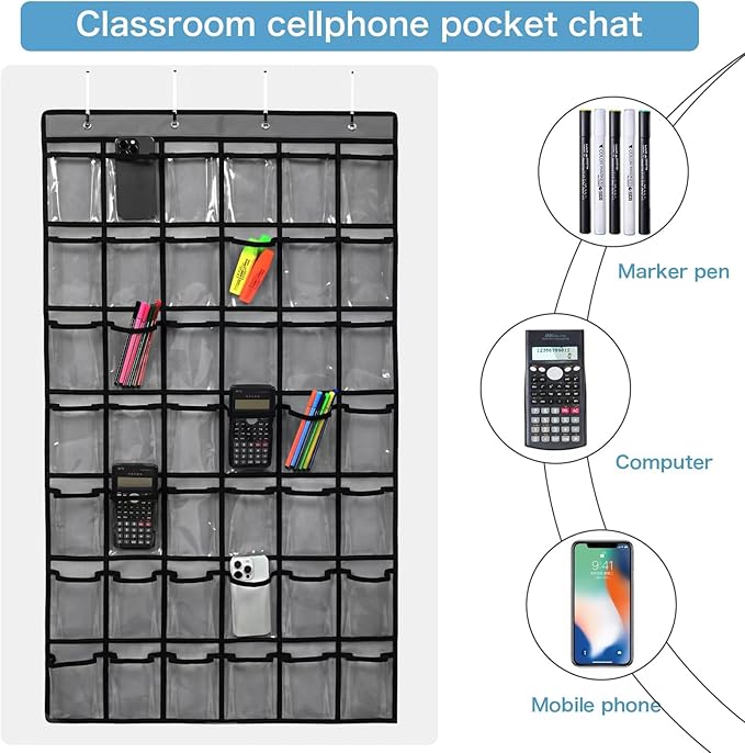 42 Pocket Classroom Pocket Chart for Cell Phones and Calculator,Clear Cellphone Pocket Chart for Classroom with Number Sticker and Hooks (Grey-42 Pockets)-NeatNest