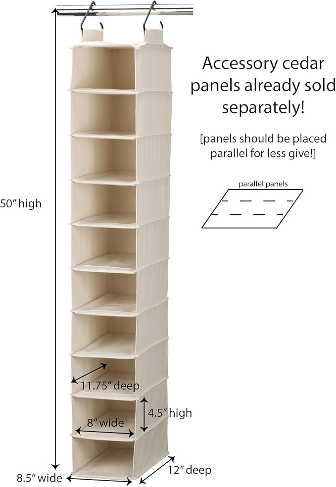 Household Essentials Hanging Shoe Organizer, 10 Wide Cubbies with Cedarline Pockets, Heavy-Duty Cotton Canvas, Removable and Industrial Hooks, Natural-NeatNest