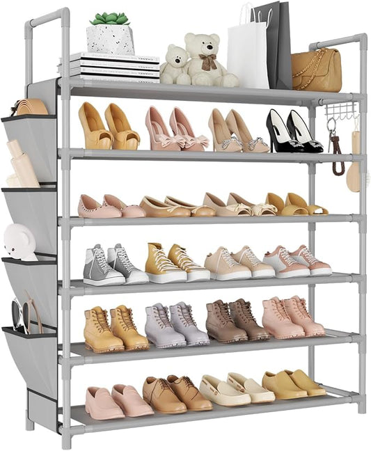 6 Tier Shoe Rack Storage for 24-30 Pairs Shoe and Boot, Shoe Organizer with Hook and Side Pocket Free Standing Long Shoe Shelf Tall Shoe Rack Organizer for Closet, Entryway, Dorm, Grey-NeatNest