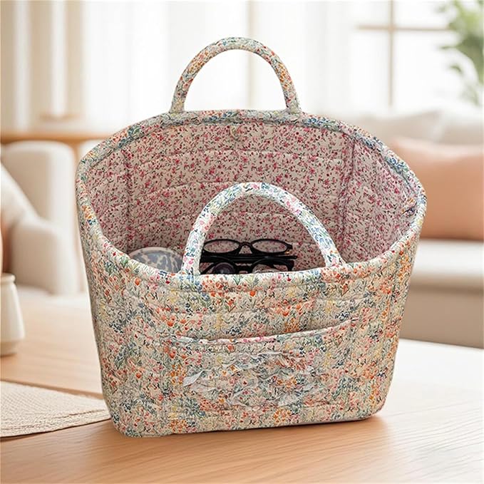 Boho Fabric Storage Basket Quilted Floral Print Baskets Organizer Bin with Handles for Home, Picnic, Shopping (Blue, L)-NeatNest