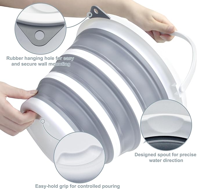 2-Pack Collapsible Bucket 2.6 Gal/10L, BPA-Free - Space-Saving, Portable Foldable Water Pail for Versatile Use, Home, Outdoors, Car Wash, Camping, Fishing - Grey