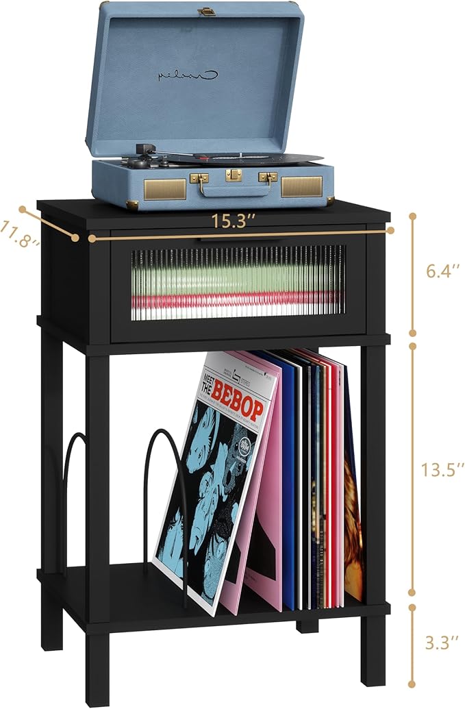 End Table with Record Player Stand, Side Table with Storage, 2-Tier Nightstand with Drawer and Record Holder, Modern Black Bedside Table for Living Room Bedroom MLBZ18B