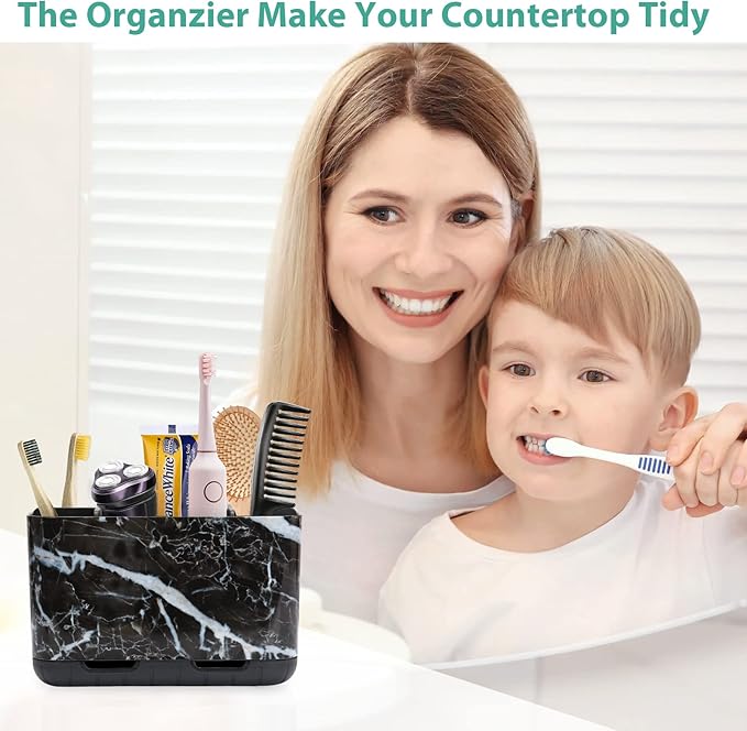 Boperzi Black Toothbrush Holder for Bathroom Toothpaste Organizer Countertop, Detachable Anti-Slip Marble Toothpaste Storage Caddy 6 Slots with Drainage Holes for Makeup Brush Razor Stand-NeatNest