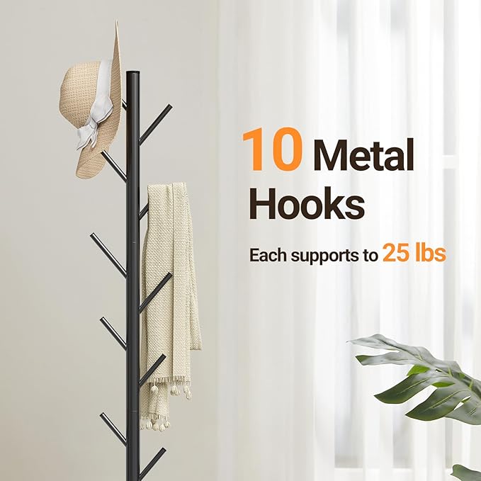 ELYKEN Coat Rack Freestanding with Natural Marble Base, Metal Coat Rack Stand with 10 Hooks, 3 Adjustable Size Coat Tree for Bags, Clothes, and Hats for Entryway, Bedroom, Hallway, Office, Black-NeatNest